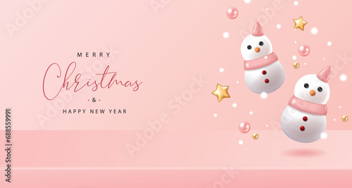 Christmas banner with snowman on pink background. Vector illustration for poster, flyer, banner, greeting card and advertisement.