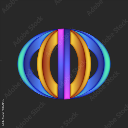 Divergent 3D three circles logo, gradient multicolored circular pattern geometric shapes.