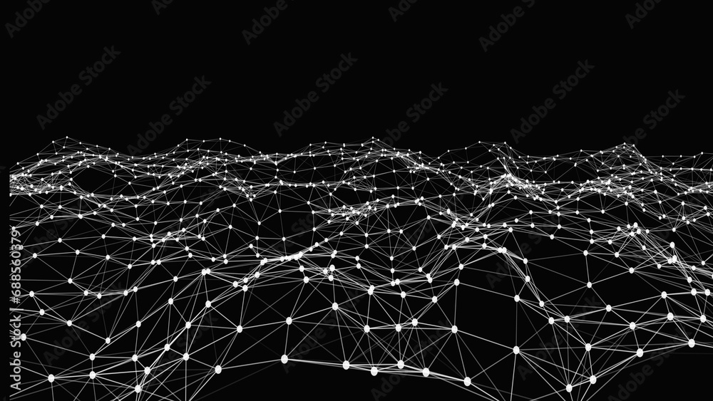 Abstract black background with a dynamic white dots and line wave animated background. Network connection dots and lines. Plexus. 3d rendering. 4k animation. - obrazy, fototapety, plakaty 