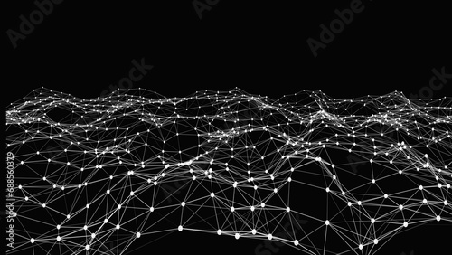 Fototapeta Naklejka Na Ścianę i Meble -  Abstract black background with a dynamic white dots and line wave animated background. Network connection dots and lines. Plexus. 3d rendering. 4k animation.