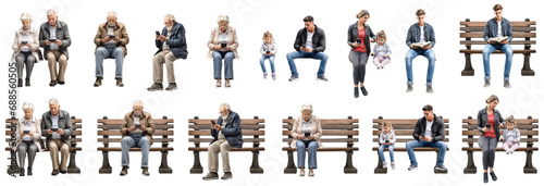 ベンチに座ってスマホを見る人々切抜き素材集（背景透過）
