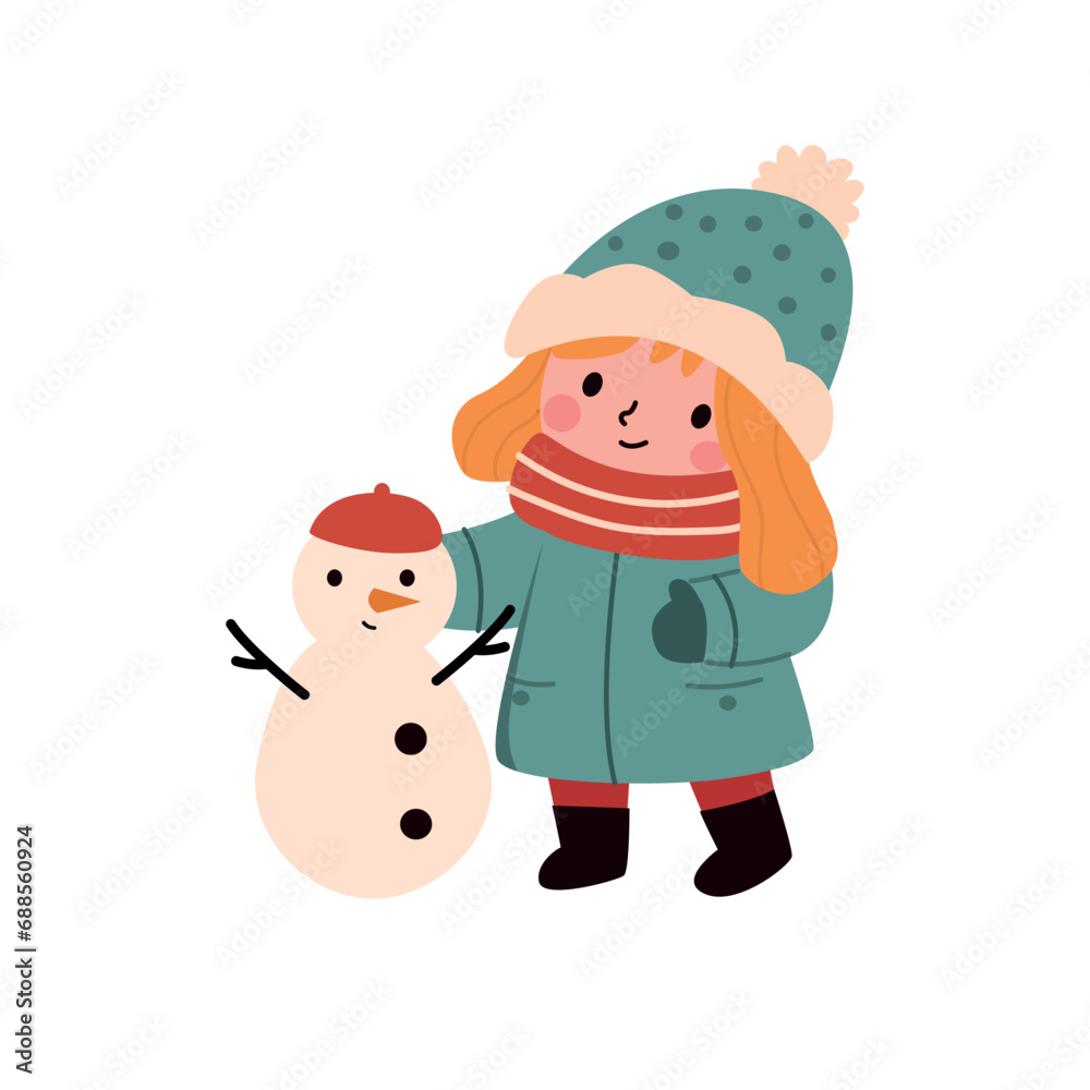 girl in winter clothes and a snowman, vector illustration girl in winter clothes and a snowman, vector illustration