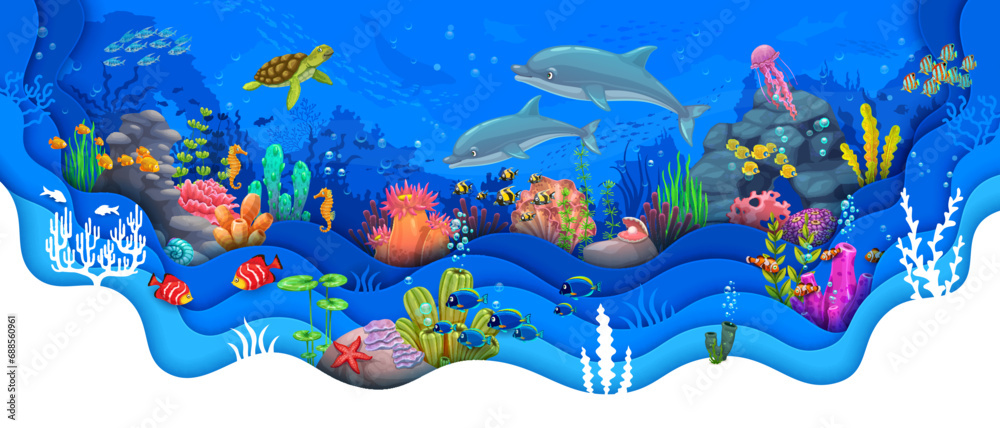 Underwater paper cut landscape with dolphin, turtle, seaweeds and fish shoals. Marine animal and plant scene, ocean aquatic life vector backdrop with sea bottom wildlife animal, corals and seaweeds