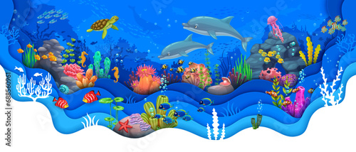 Underwater paper cut landscape with dolphin, turtle, seaweeds and fish shoals. Marine animal and plant scene, ocean aquatic life vector backdrop with sea bottom wildlife animal, corals and seaweeds