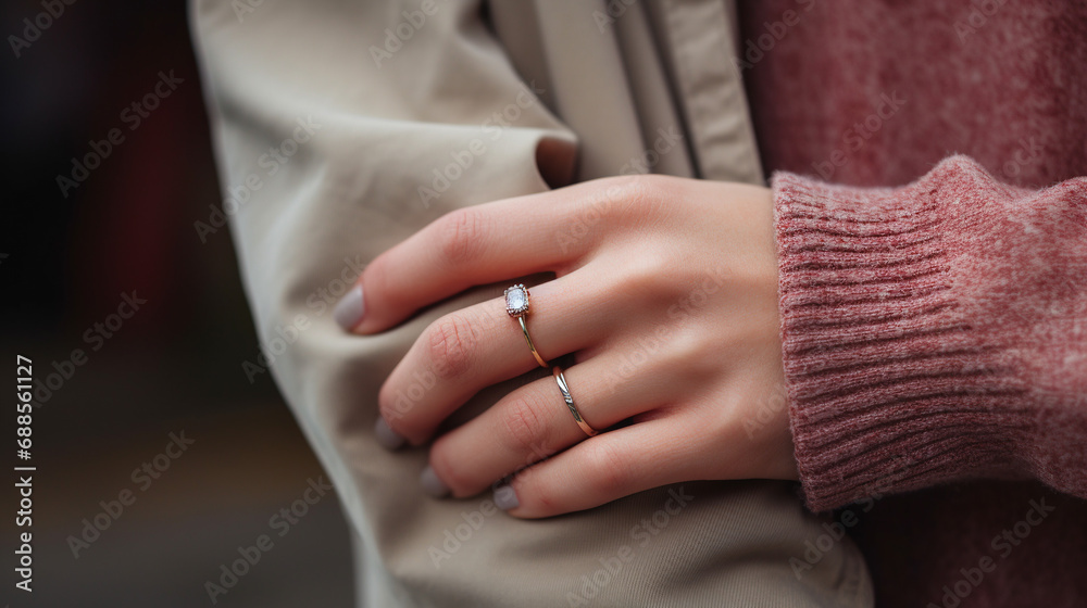 Cropped view of woman in ring on finger holding man hand. 