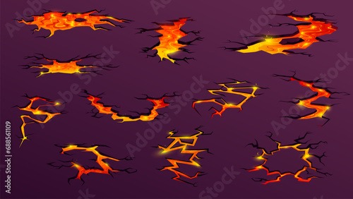 Volcano lava or magma fire on ground cracks, vector cartoon game effect or background. Red yellow volcano magma burn or volcanic eruption hole cracks in ground of molten stone rocks in flame