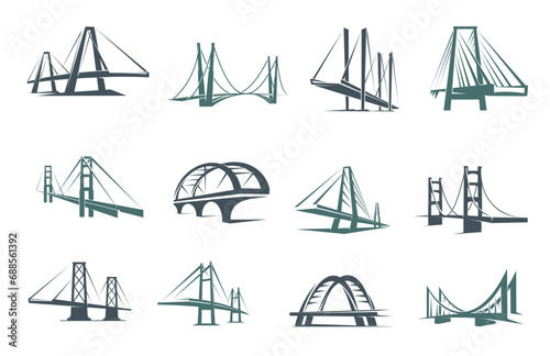 Bridge icons, construction, building and architecture vector symbols. Business and technology company signs of bridge or road gate towers with arches, connection, transportationicons photo