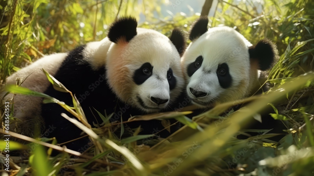Obraz premium Pandas in East Asian Forest: Tranquil Habitat Among Bamboo