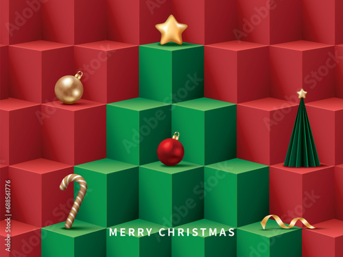 Red and green cube background for product demonstration. Christmas concept. Vector illustration for banner, poster, flyer and advertisement.