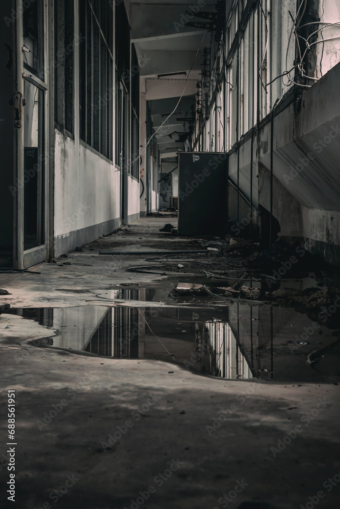 Scary and dark corridor in an abandoned building. Shabby walls. Long corridor. Gloomy atmosphere.