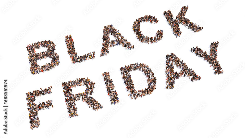 Concept or conceptual large community of people forming BLACK FRIDAY slogan. 3d illustration metaphor for marketing, promotion, shopping, special price, offer, discount or deal Concept or conceptual large community of people forming BLACK FRIDAY slogan. 3d illustration metaphor for marketing, promotion, shopping, special price, offer, discount or deal