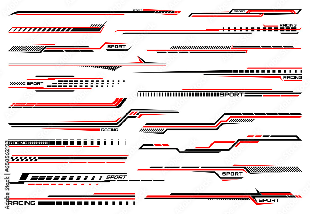 Red race sport car stripe stickers, racing line decals for speed vehicles. Vector race car, auto, motorcycle, bike vinyl stickers and decals set with black red line and racing sport checkered pattern - obrazy, fototapety, plakaty 