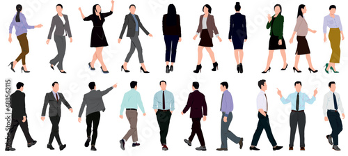 Set of business people walking and standing. Collection of businessman and woman.  Men and women in full length. Inclusive business concept. Vector illustration isolated on white background.