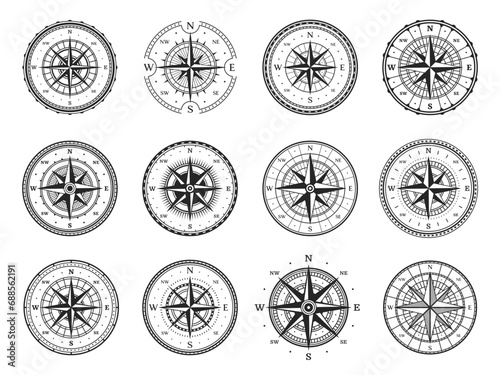 Old compass, vintage map wind rose, marine navigation and nautical cartography, vector direction stars. Retro seafaring compass with south, east, north and west arrow direction on wind rose photo