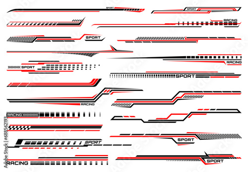 Red race sport car stripe stickers, racing line decals for speed vehicles. Vector race car, auto, motorcycle, bike vinyl stickers and decals set with black red line and racing sport checkered pattern