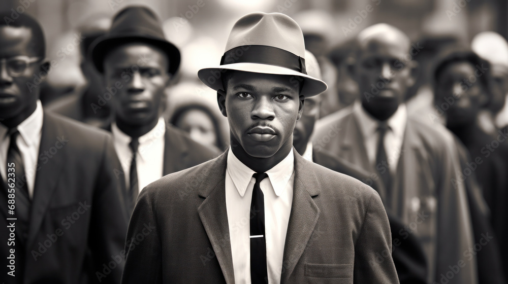 Solemn march of civil rights activists captured in monochrome for Black History Month - obrazy, fototapety, plakaty 