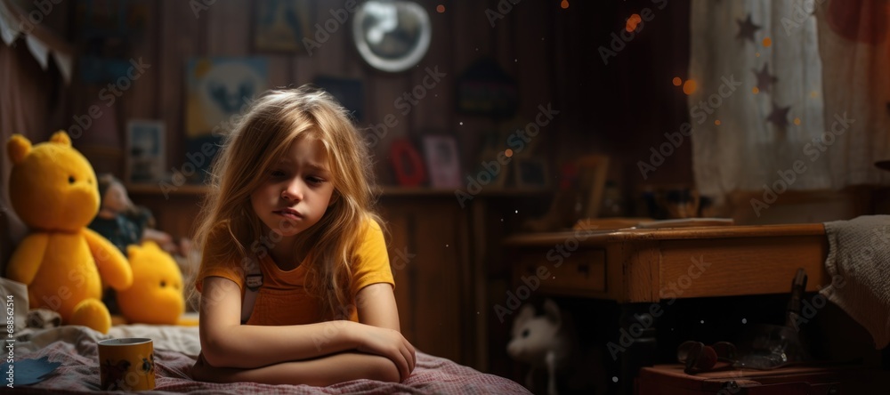 sad depressed young girl child sit in your room.