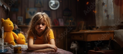 sad depressed young girl child sit in your room. © dashtik