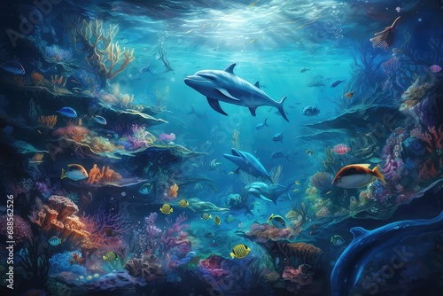 beautiful sea world backdrop with dolphin and corals © Align