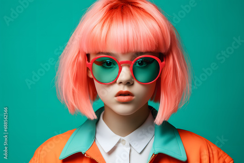 Colorful studio portrait of a cool teenager girl with age specific outfit and accessories. Bold, vibrant and minimalist. Generative AI