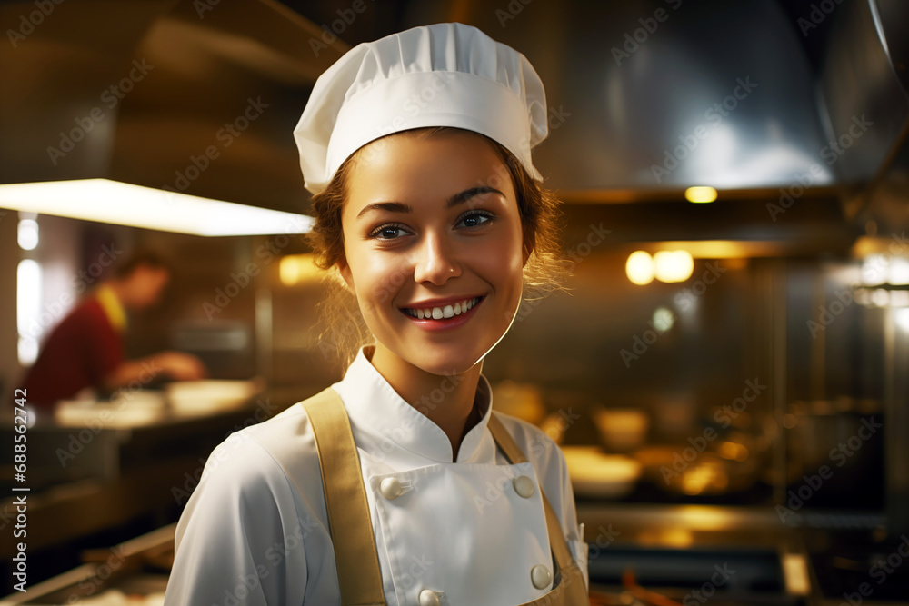 Young women cook at work. Women chef in a professional kitchen. Food service. Restaurant. AI. Young women cook at work. Women chef in a professional kitchen. Food service. Restaurant. AI.