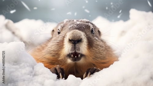 Snow-capped groundhog emerges, hinting at winter's fate on Groundhog Day © Ai Studio