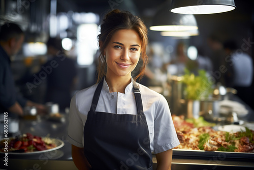 Young women cook at work. Women chef in a professional kitchen. Food service. Restaurant. AI. 