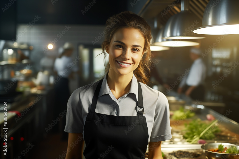 Young women cook at work. Women chef in a professional kitchen. Food service. Restaurant. AI. Young women cook at work. Women chef in a professional kitchen. Food service. Restaurant. AI.