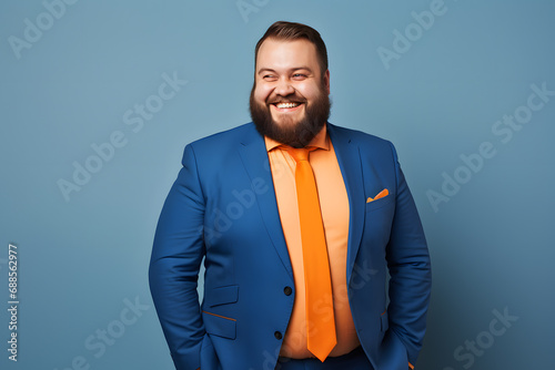 Slightly overweight businessman smiling confidently. Bold and vibrant clean minimalist studio portrait, copy space. photo