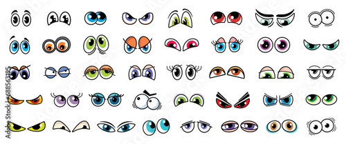 Cartoon comic eyes isolated vector set. Funny looks expressing different emotions. Kind, angry, surprised and sad, suspect, evil, loving, wow or bored eyes for characters and personages creation kit