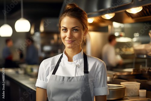 Young women cook at work. Women chef in a professional kitchen. Food service. Restaurant. AI. 