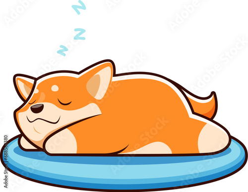 Cartoon Shiba Inu dog sleeping in bed, cute kawaii pet character, vector funny animal. Kids personage of cute Shiba Inu puppy dog snoozing on pillow, baby mascot or happy dog emoji emoticon