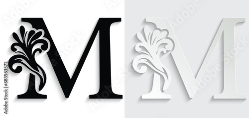 letter M. flower letters. Vintage ornament initial Alphabet. Logo vector	
 photo