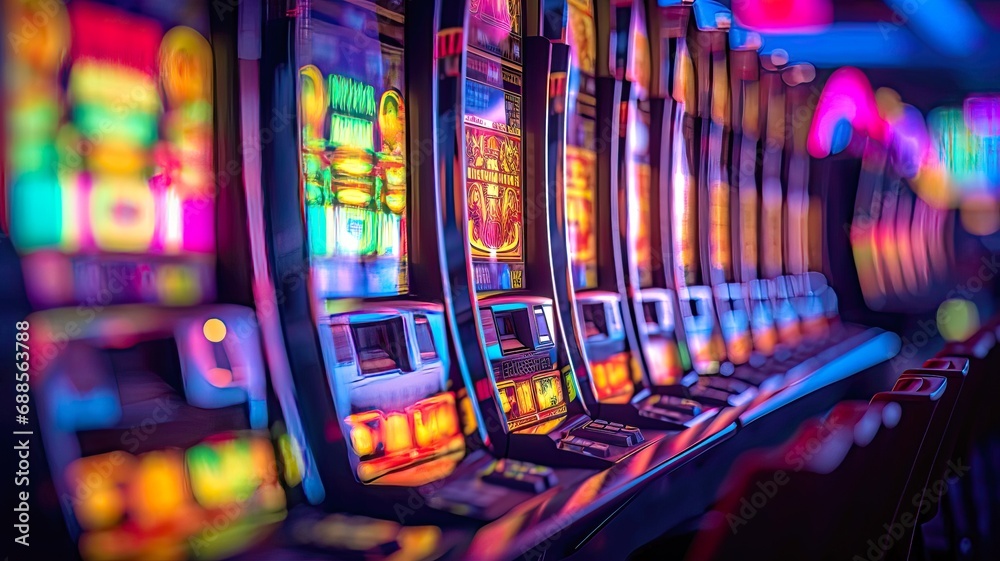 Poster Casino de Las Vegas et rangées floues de machines à sous – Tableau |  Europosters