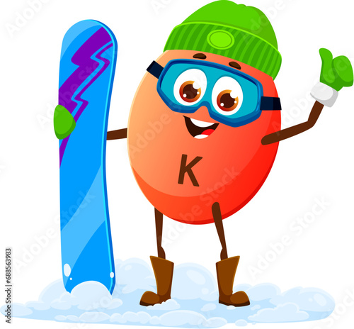 Cartoon Potassium K mineral pill with snowboard on winter holiday, vector micronutrient character. Happy funny Potassium K on winter sport or snowboarding for Christmas or New Year winter holiday