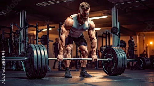 Hipster looking bodybuilder doing deadlifts in gym. Postproducted generative AI illustration.	 photo