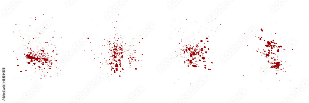 Splatter Set. Blood Stain Collection. Paint Brush Red Splat, Grunge Texture. Drop Spatter, Horror Bloodstain Splash, Ink Spray. Abstract Design on White Background. Isolated Vector Illustration