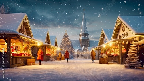 Traditional Christmas market and snowy winter atmosphere. Postproducted generative AI illustration. 