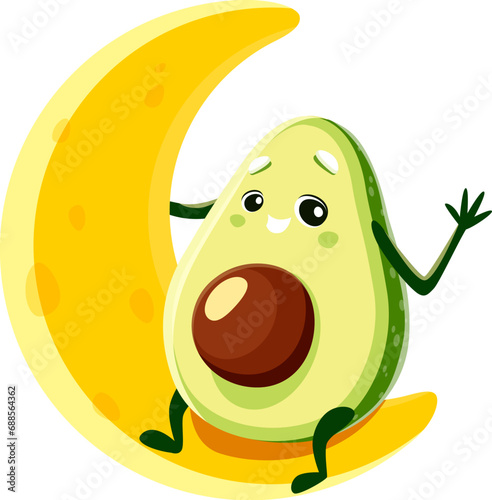 Cartoon avocado character on the moon. Raw avocado, fresh tropical fruit character or vegan healthy food product isolated vector funny mascot or personage sitting on cheese moon crescent photo