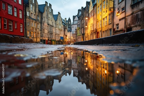 Old town tenements reflecting in a puddle after rain photo
