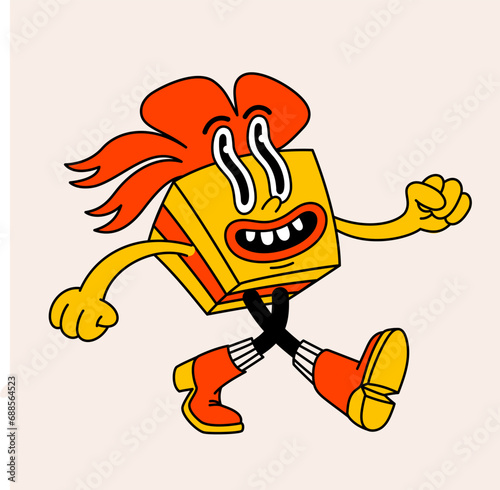 Retro cartoon happy yellow Christmas gift