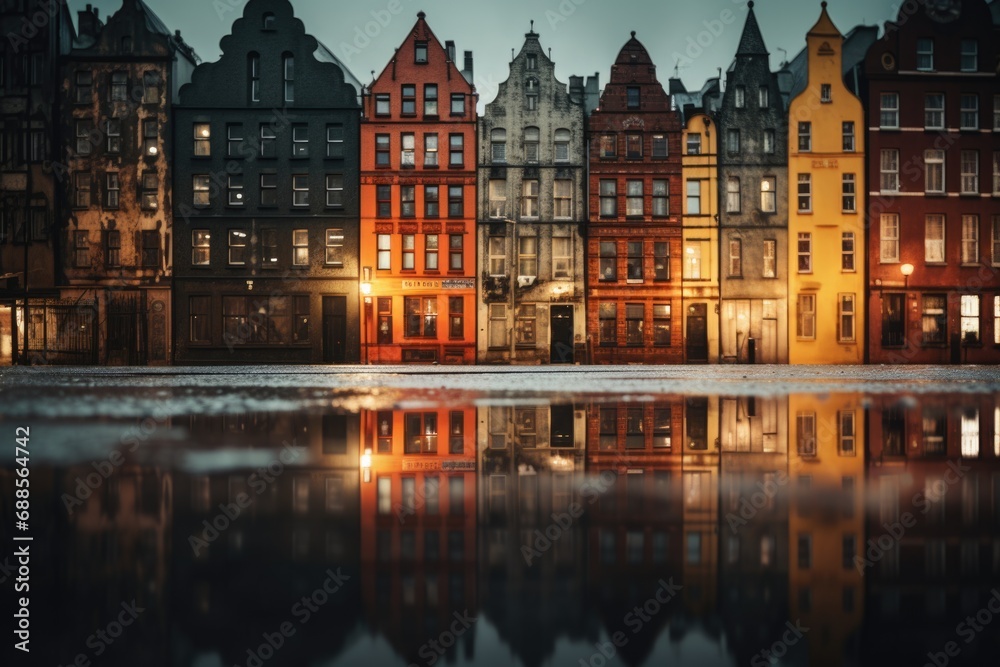 Old town tenements reflecting in a puddle after rain