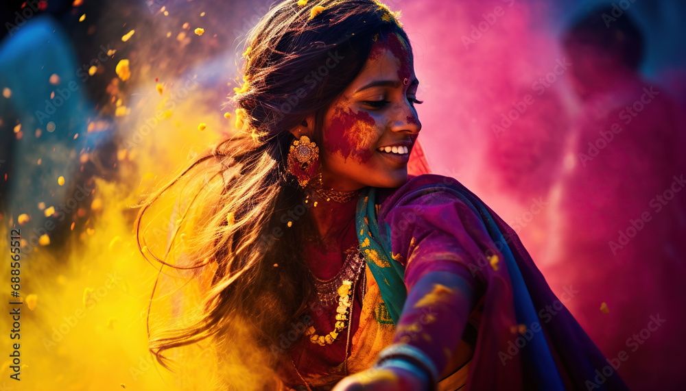 Indian woman dancing with colorful powder in holi festival Indian woman dancing with colorful powder in holi festival