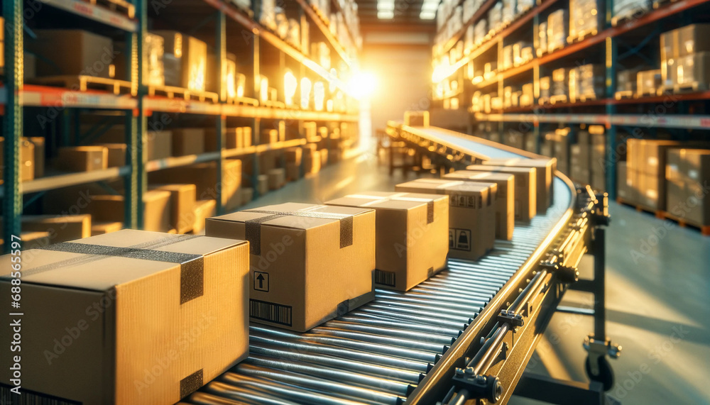 Close-up Cardboard Boxes Conveyor Belt Parcel Delivery Warehouse Sorting.