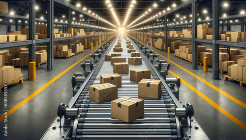 Cardboard boxes on conveyor belt in warehouse, e-commerce delivery automation, packaging in fulfillment center, product distribution snapshot. photo