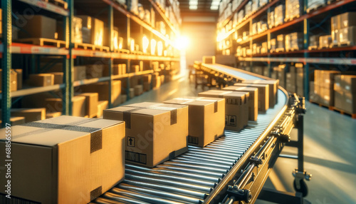 Close-up Cardboard Boxes Conveyor Belt Parcel Delivery Warehouse Sorting. © MAXSHOT_PL
