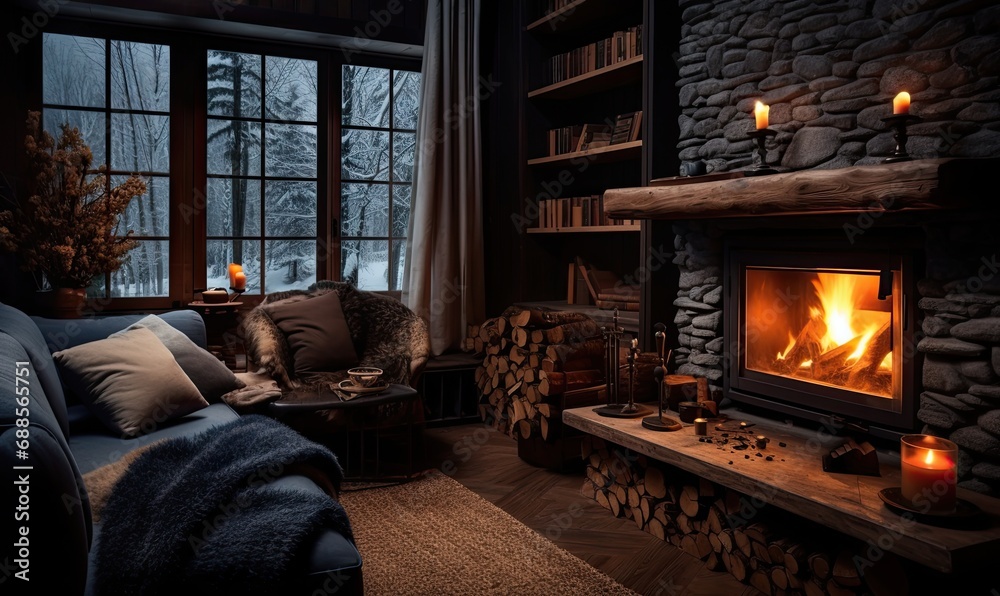 A Cozy Living Space with Stylish Decor and a Warm Fireplace