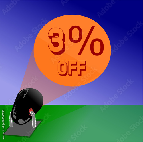 3% gray, black and red reflector iluminates promotions and discounts in the blue sky, in orange