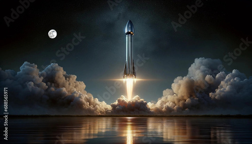 Space Shuttle Successful Launch: Rocket Ascending in Smoke and Blastoff, Startup Launch Concept. photo