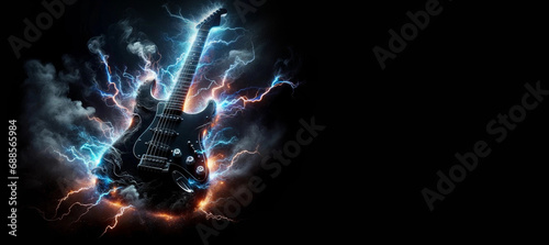 Rock Music Concept: Guitar in Flames and Electric Discharges.